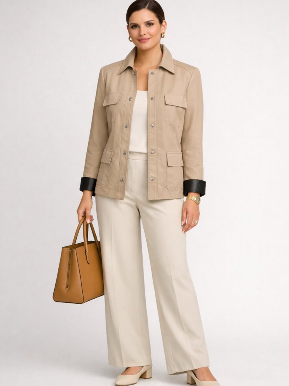 Ann Taylor Light Tan with Faux Leather Accents Jacket Size 12T